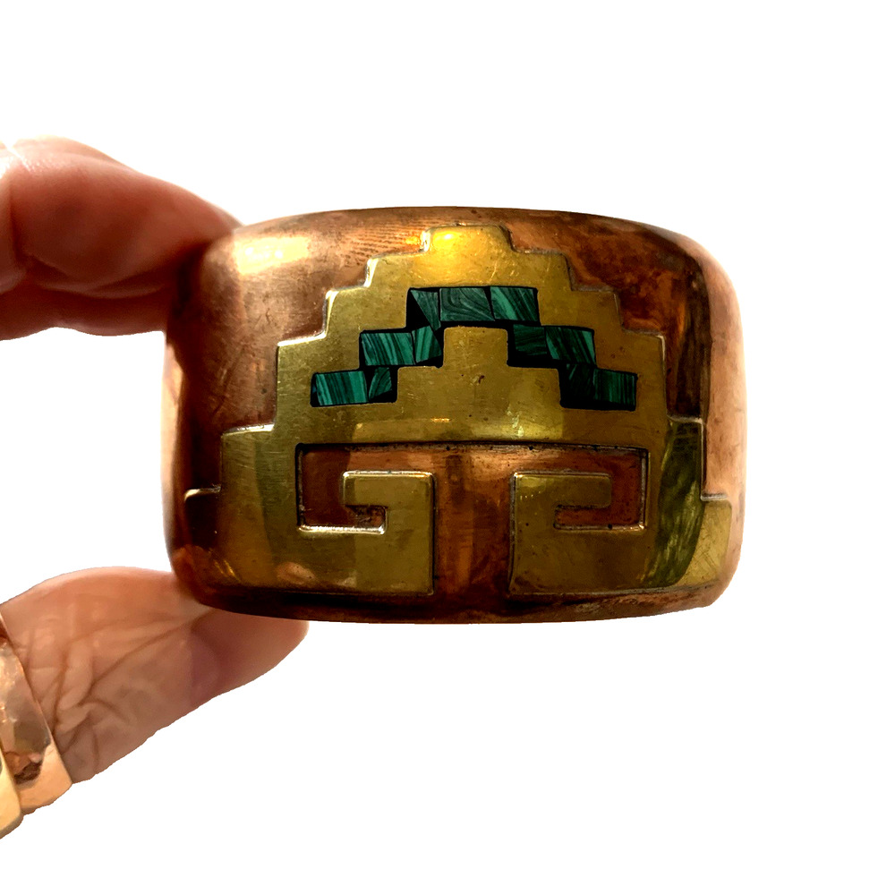 Southwestern Copper Brass Agate Inlay Wide Cuff Bracelet Geometric Design Signed